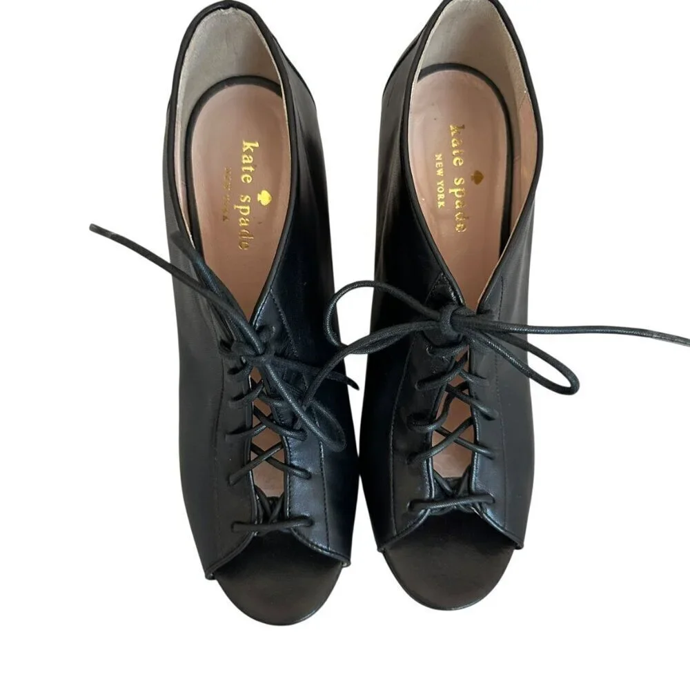 Kate Spade Inella Black Lace-Up Heels Sandals Booties Wood Size 7.5 Women's